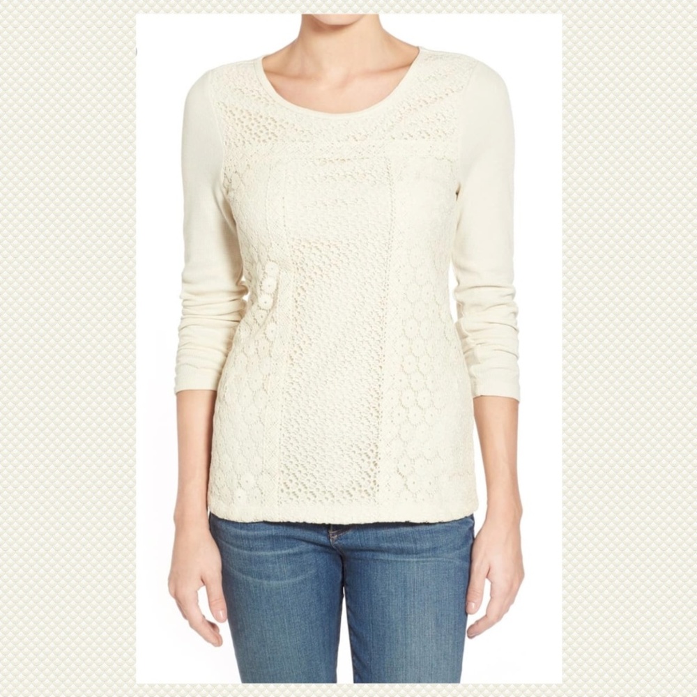 Lucky Brand Mixed Lace Front Thermal Top S